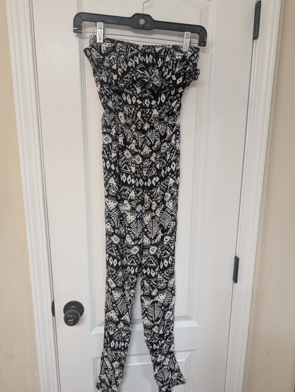 Charlotte Russe Black and White Geometric Print Strapless Jumpsuit